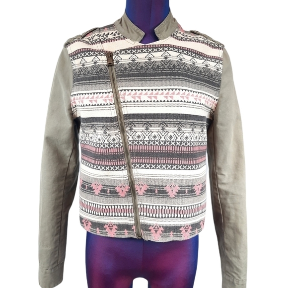 FB Sisters Moto Military Jacket Khaki w Embroidered Aztec Pattern Size Medium - Picture 1 of 13